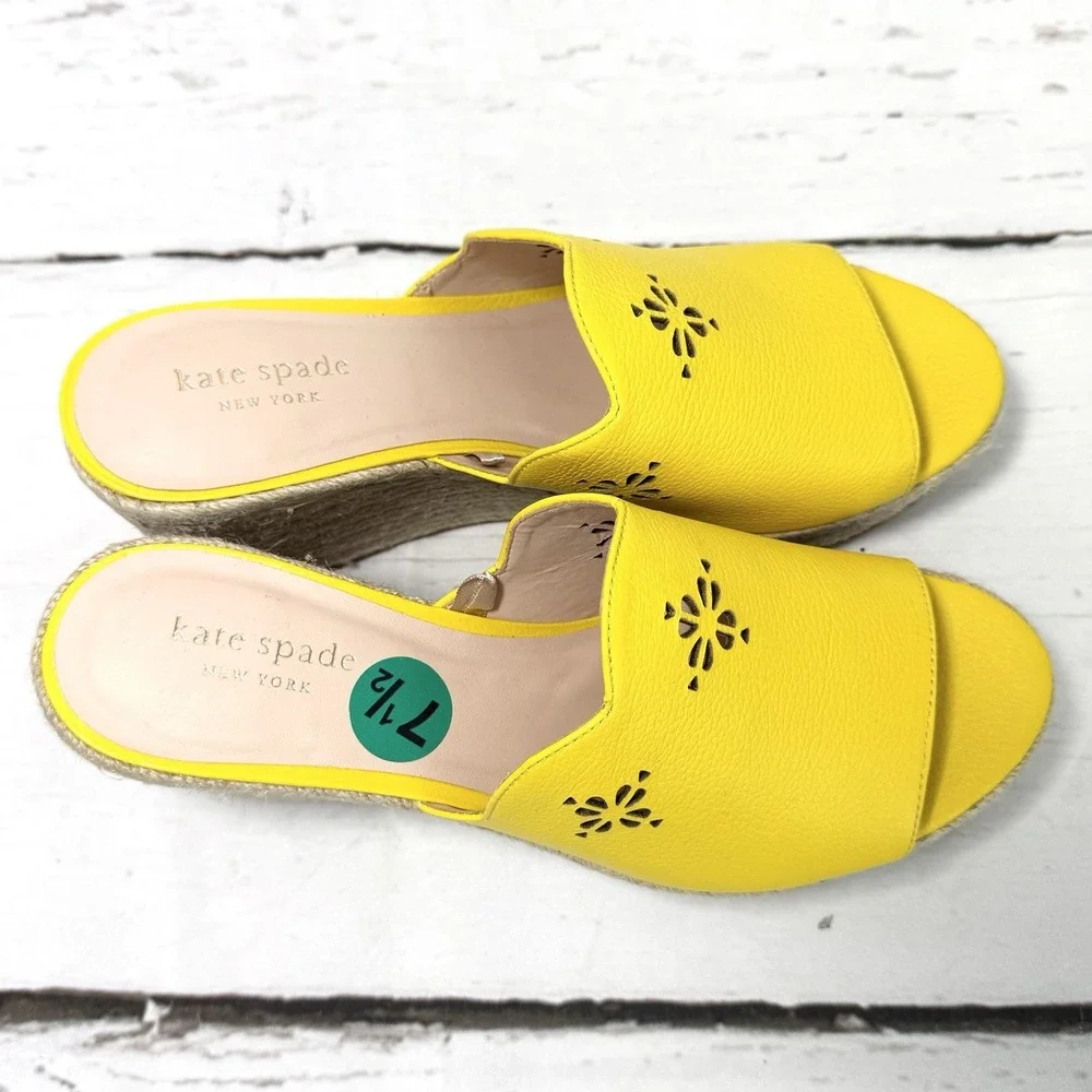 Kate Spade Shoes Women's 7.5 Yellow Wedge Espadrille Sandals Leather Platform